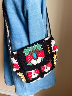 Handcrafted Crochet Mushroom Bag - Black and Multicolor